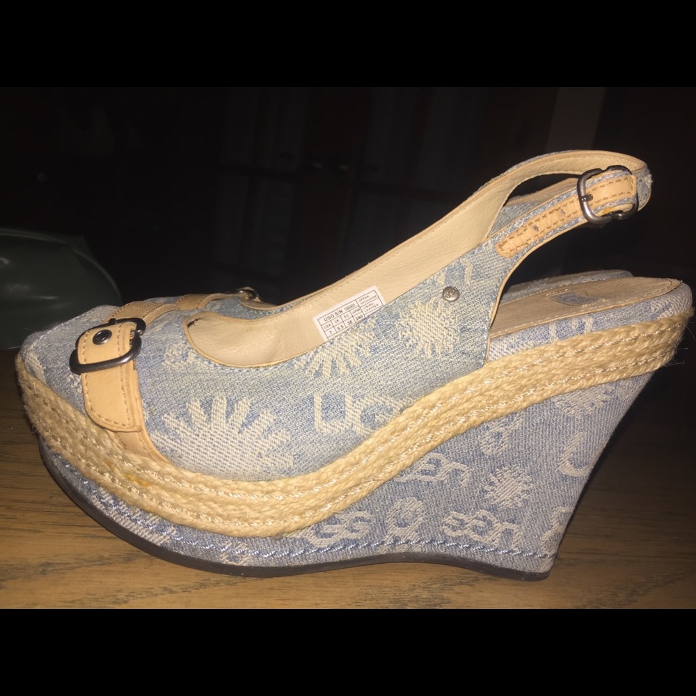 RARE UGGS DENIM & LEATHER WEDGE/PLATFORM HEEL SZ 7